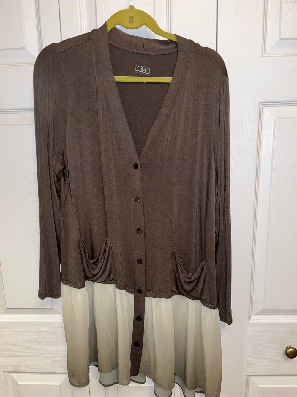 LOGO by Lori Goldstein olive  Button-Front Long Sleeve Tunic with ombré Hem